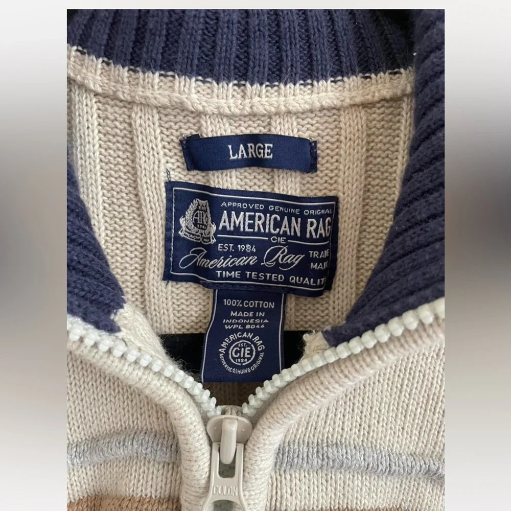 Cream and Navy American Rag QuarterZip preppy style sweater
